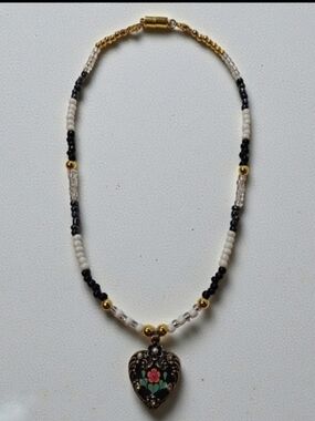 Handmade Beaded Necklace w/ Gilded Age Pendant